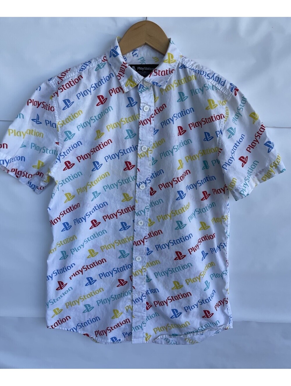PlayStation PS Logo Sony Button Up Front Cotton Short Sleeve White Shirt.